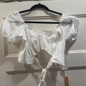 Reformation White Tie-Front Puff Sleeve Crop Top